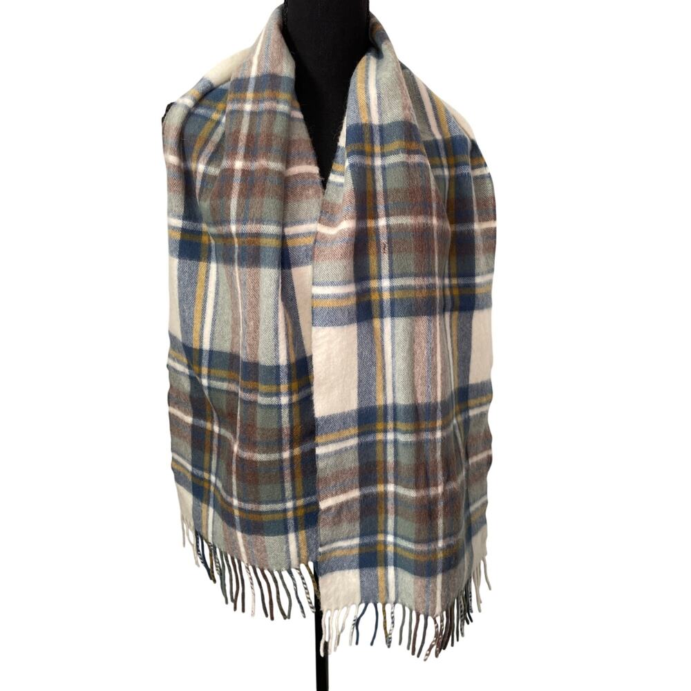 BEGG Scotland Plaid Scarf 75% Lambswool 25% Angora Blue Green Mustard Fringe